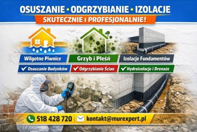 Izolacja pozioma: Podcinka fundamentów i iniekcja krystaliczna. 100% blokada wilgoci