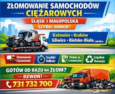 Kasacja, złomowanie ciężarówek. Odbiór we wskazanym miejscu. Śląsk i Małopolska | Złomowanie pojazdów ciężarowych